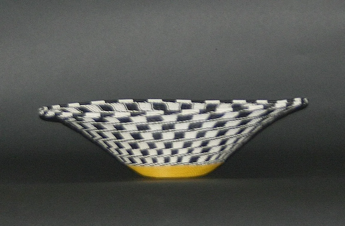 African Telephone Wire Bowl Zulu Basket Black White Yellow- 15"D X 4"H