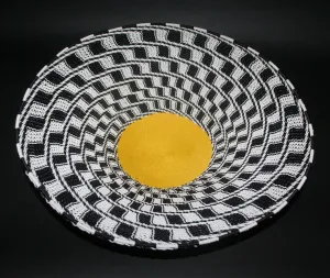 African Telephone Wire Bowl Zulu Basket Black White Yellow- 15"D X 4"H