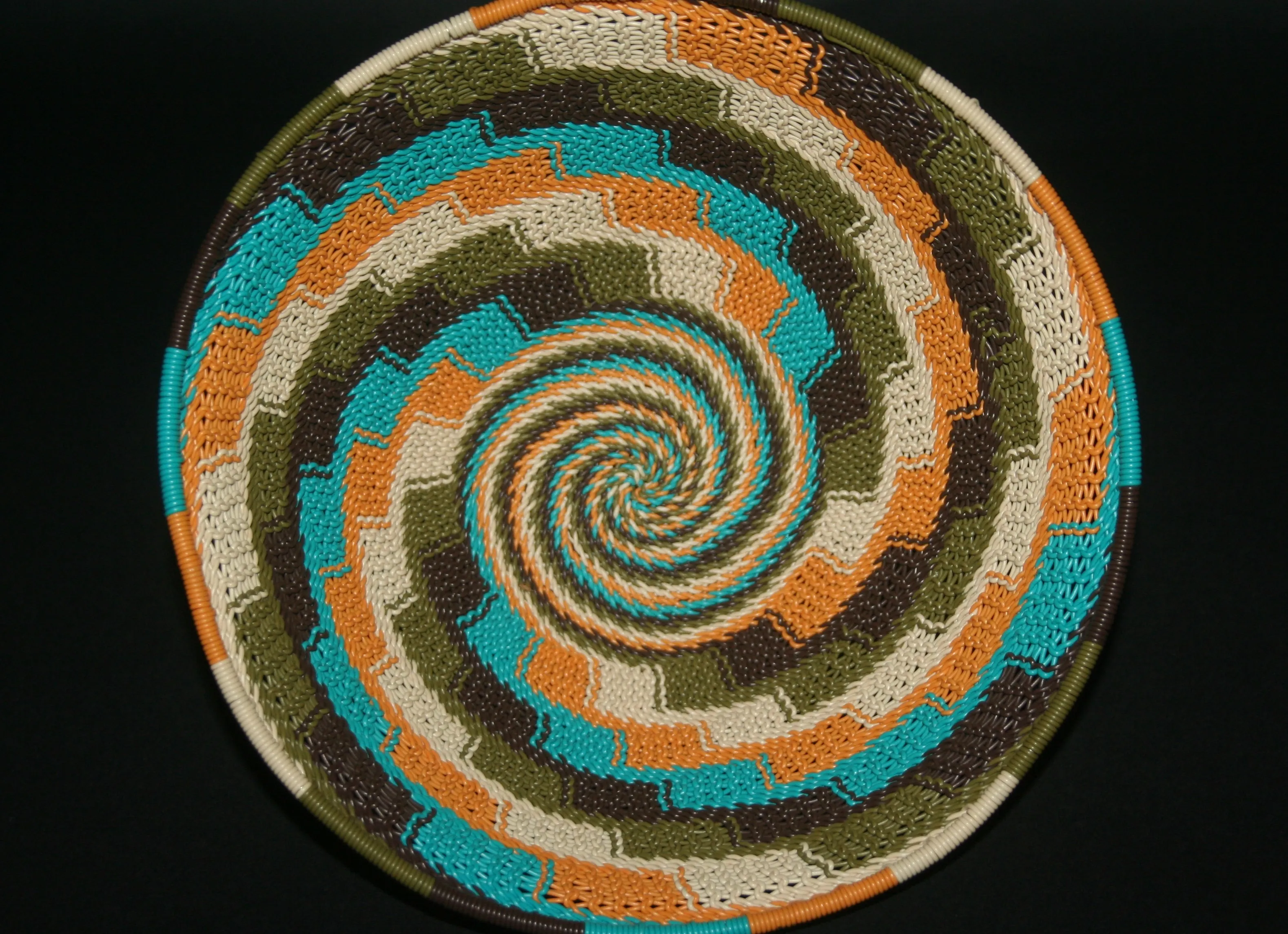 African Telephone Wire Bowl Zulu Basket Fruit Bowl White Green Turquoise Orange Swirl  7.75" D X 4" H