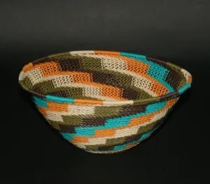 African Telephone Wire Bowl Zulu Basket Fruit Bowl White Green Turquoise Orange Swirl  7.75" D X 4" H