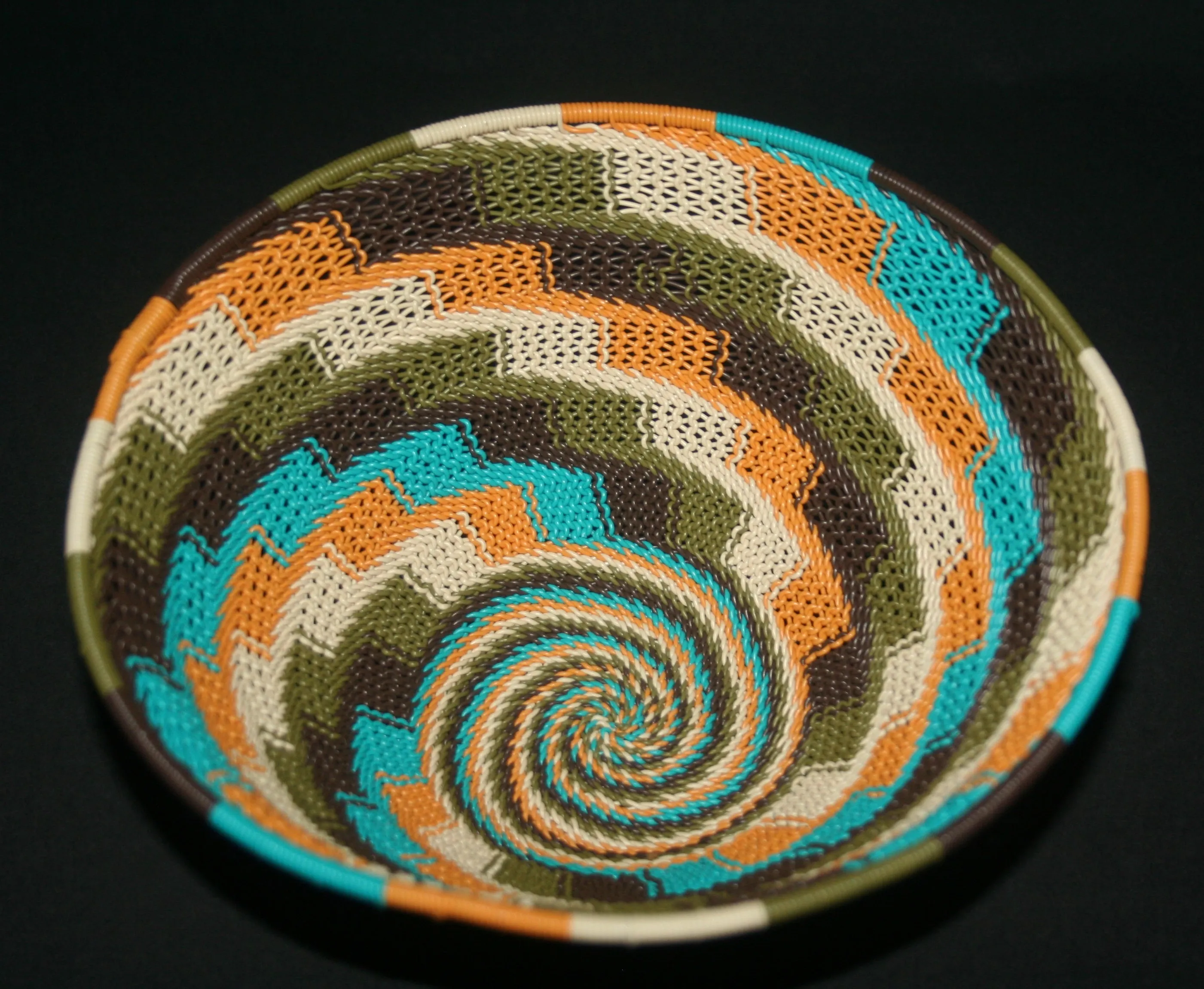 African Telephone Wire Bowl Zulu Basket Fruit Bowl White Green Turquoise Orange Swirl  7.75" D X 4" H