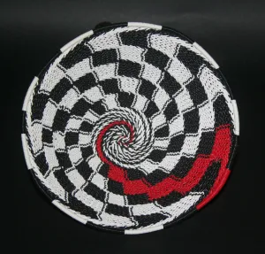 African Telephone Wire Bowl Zulu Basket White Black Red Swirl - 7.5" D X 3.5" H