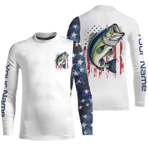 American Flag Largemouth Bass Custom Kid Long Sleeve Fishing Shirts, US Patriotic Bass Fishing Shirt IPHW7900
