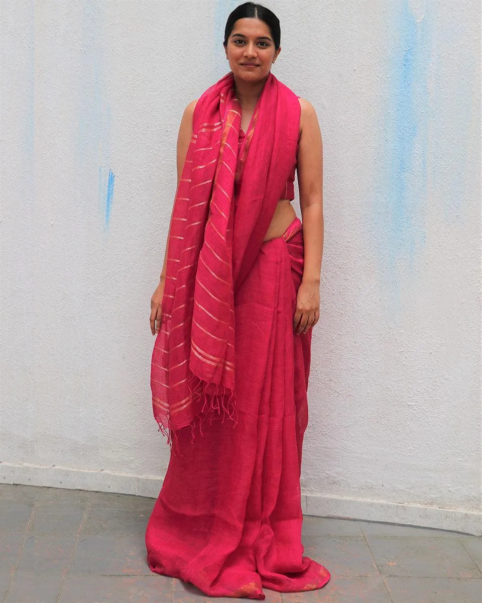 Azalea Fantasy Handwoven Linen Saree - Everyday Beautiful