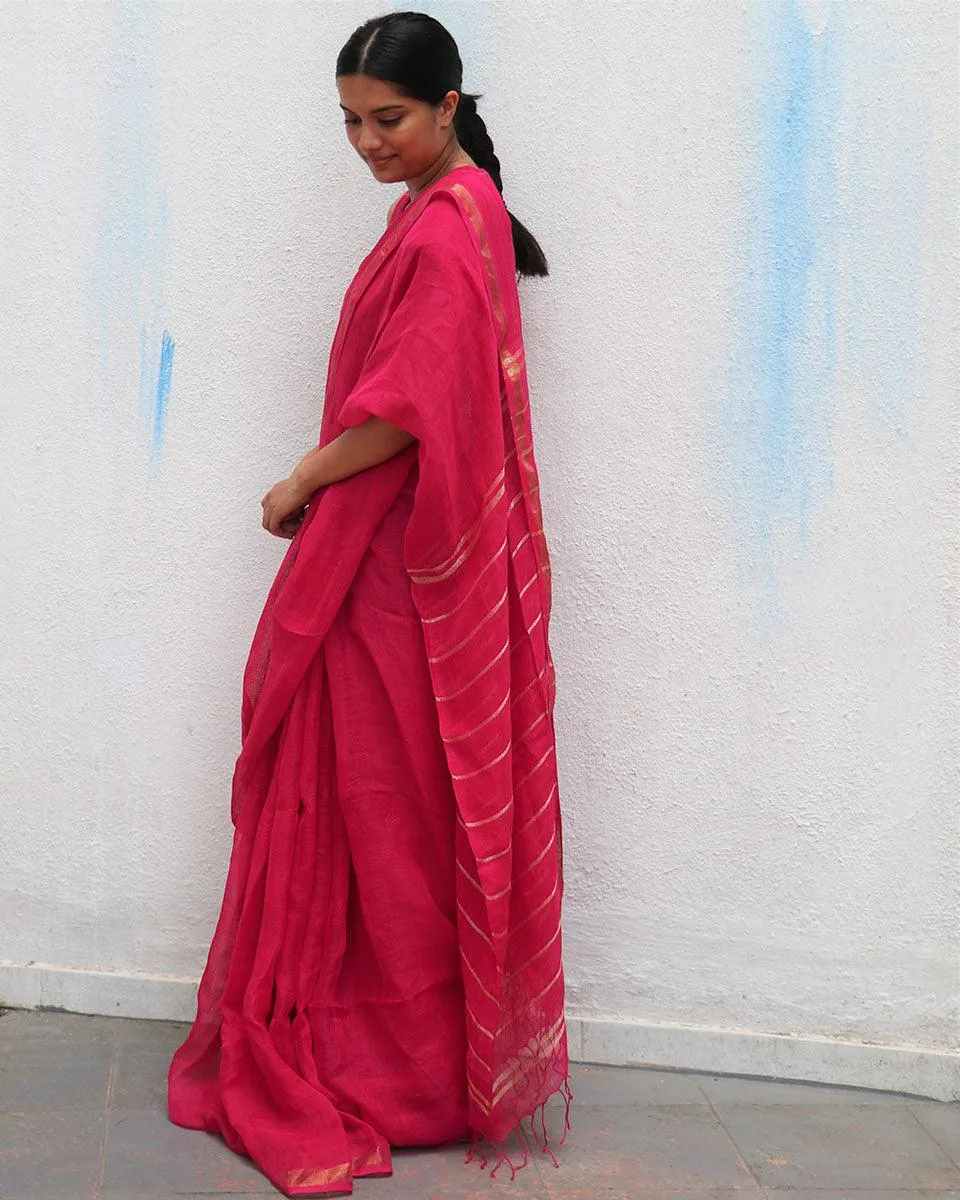 Azalea Fantasy Handwoven Linen Saree - Everyday Beautiful