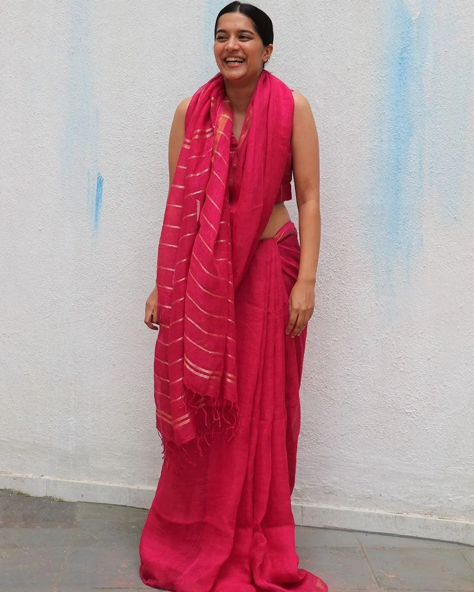 Azalea Fantasy Handwoven Linen Saree - Everyday Beautiful