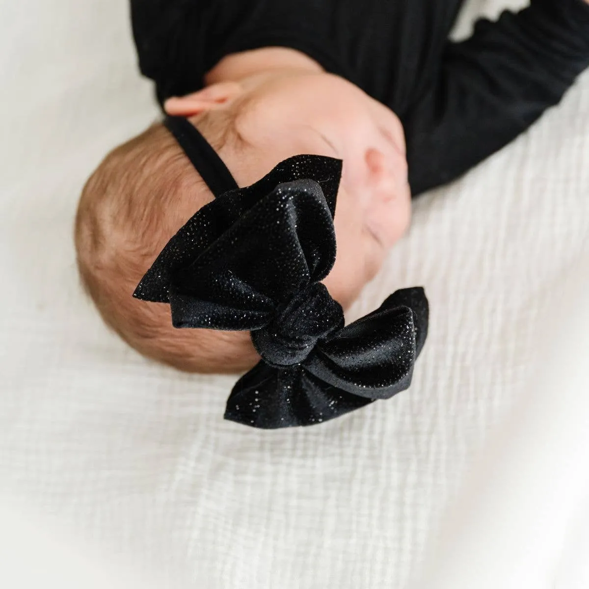Baby Bling Velvet Skinny Soft Headband with Velvet Bow - Black Glitter