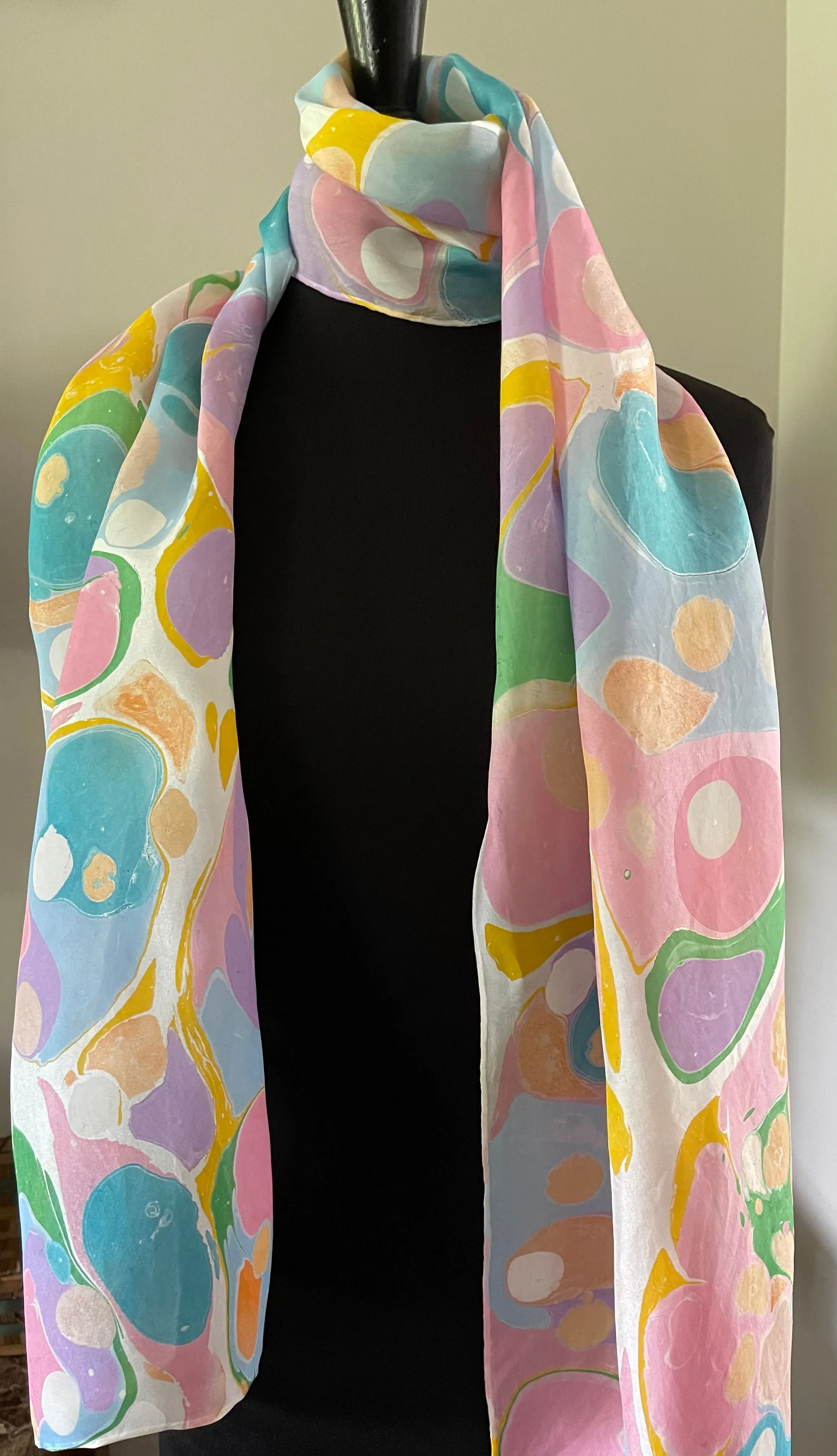 Barbie.  Polka dots pink, blue, lavender Habotai Silk 14x72