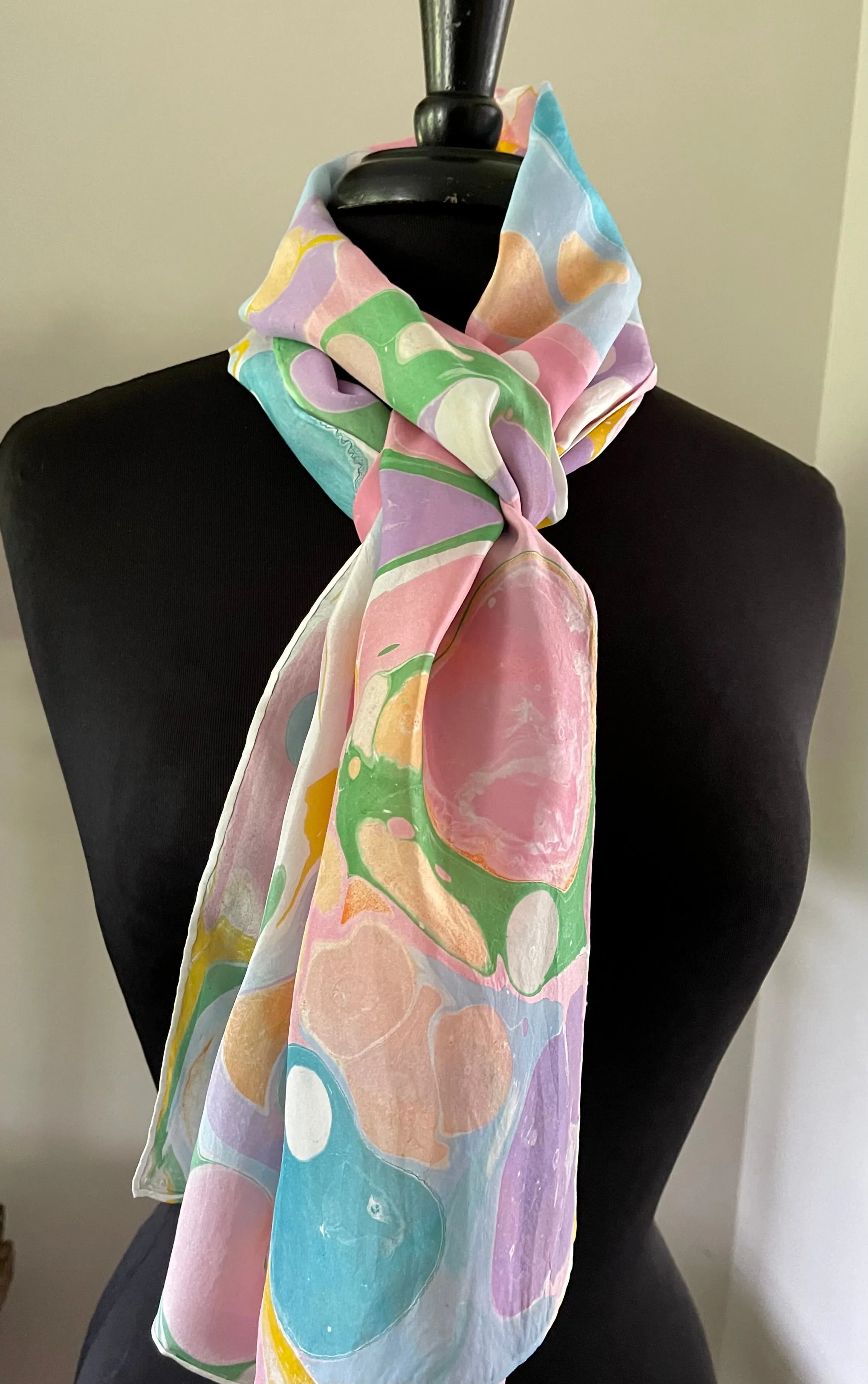 Barbie.  Polka dots pink, blue, lavender Habotai Silk 14x72
