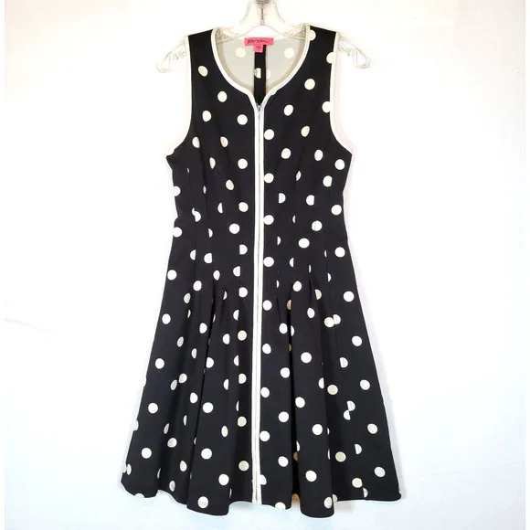 Betsey Johnson Womens Polka Dot Full Zip Scuba Dress Size 10 Black Retro Vintage