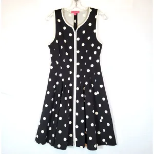 Betsey Johnson Womens Polka Dot Full Zip Scuba Dress Size 10 Black Retro Vintage