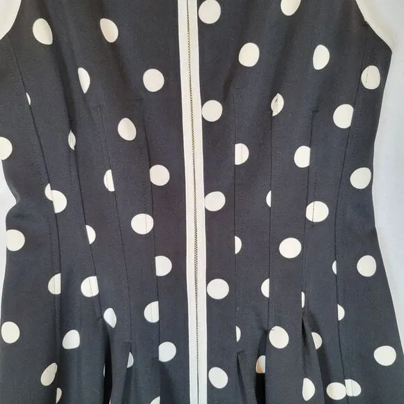 Betsey Johnson Womens Polka Dot Full Zip Scuba Dress Size 10 Black Retro Vintage