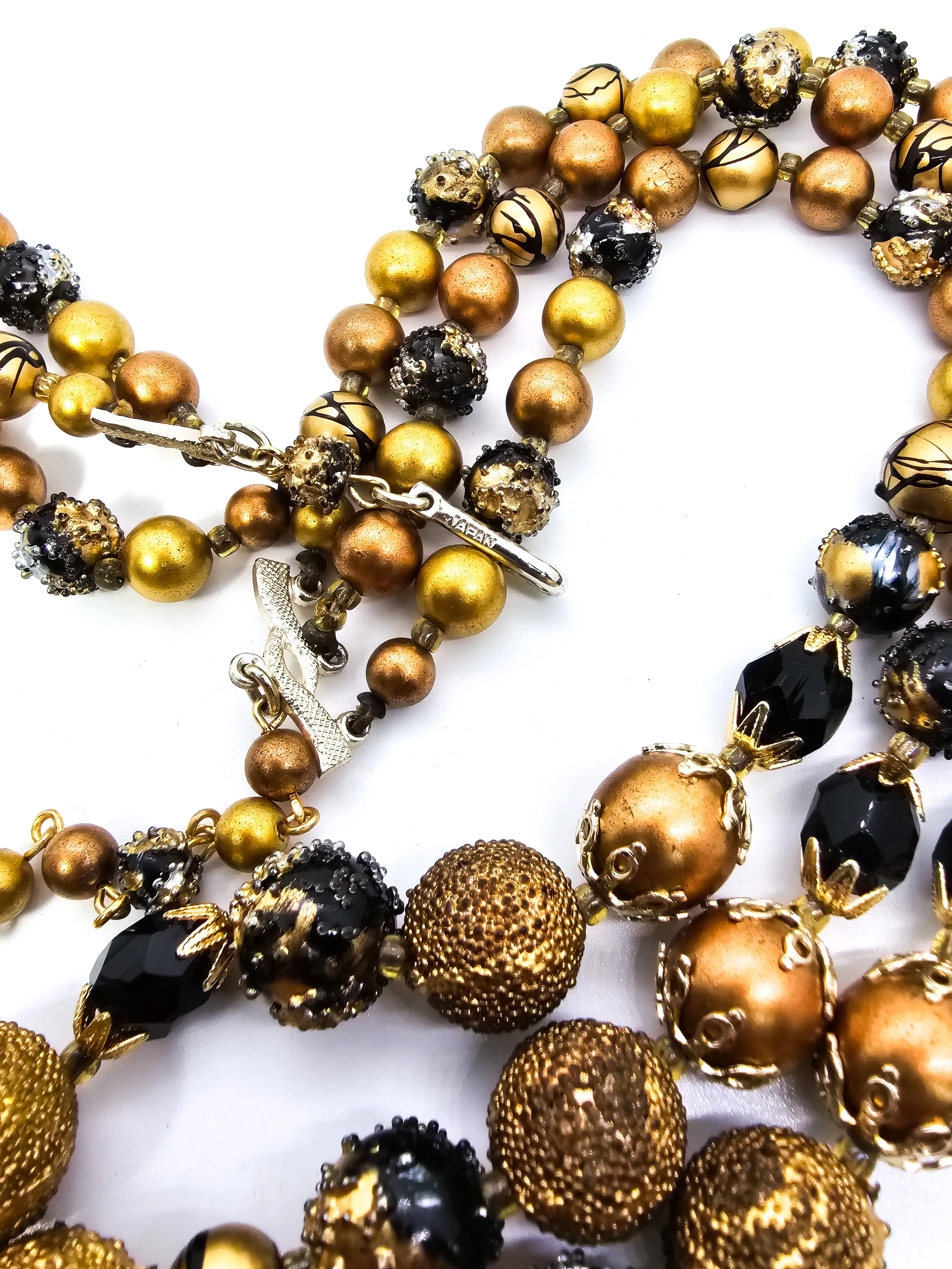 Black and Gold three strand graduated vintage mid century beaded Japan necklace
