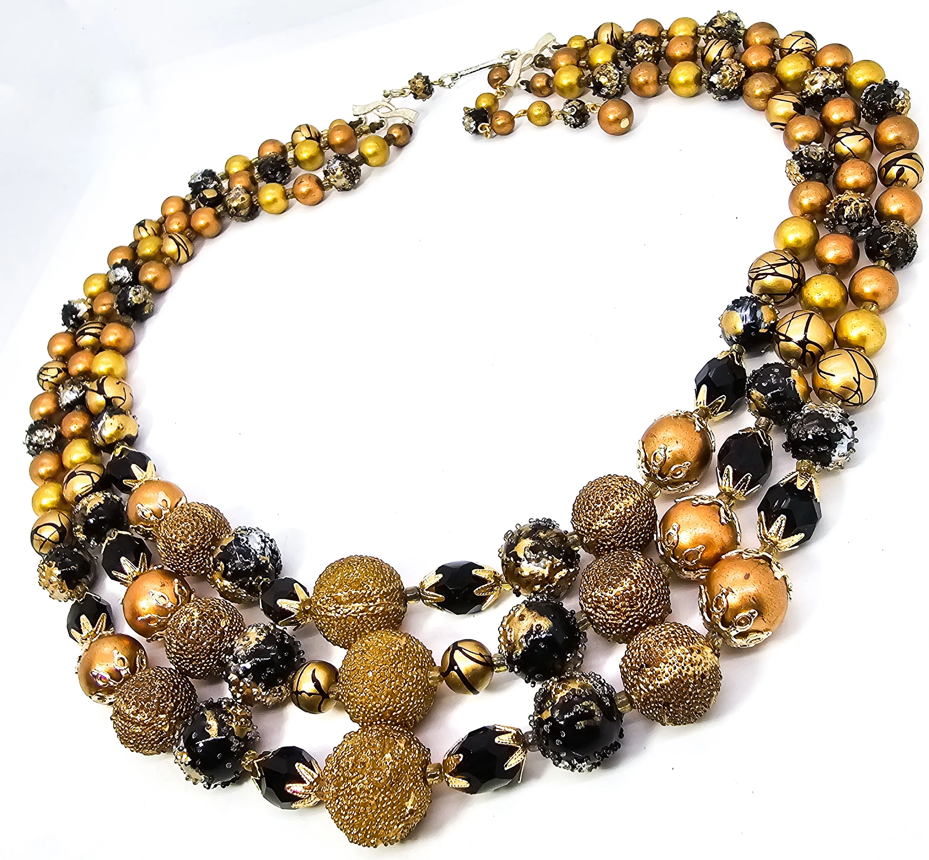 Black and Gold three strand graduated vintage mid century beaded Japan necklace