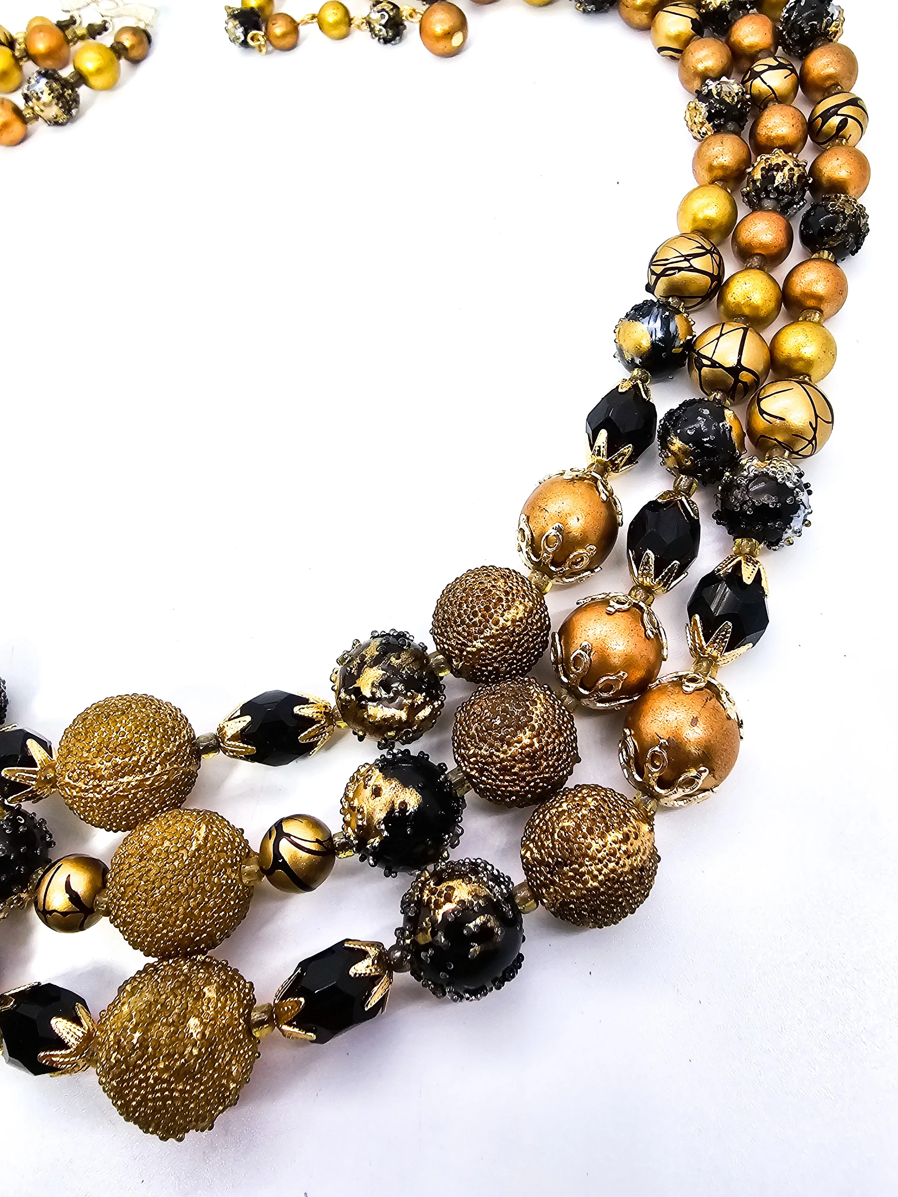 Black and Gold three strand graduated vintage mid century beaded Japan necklace