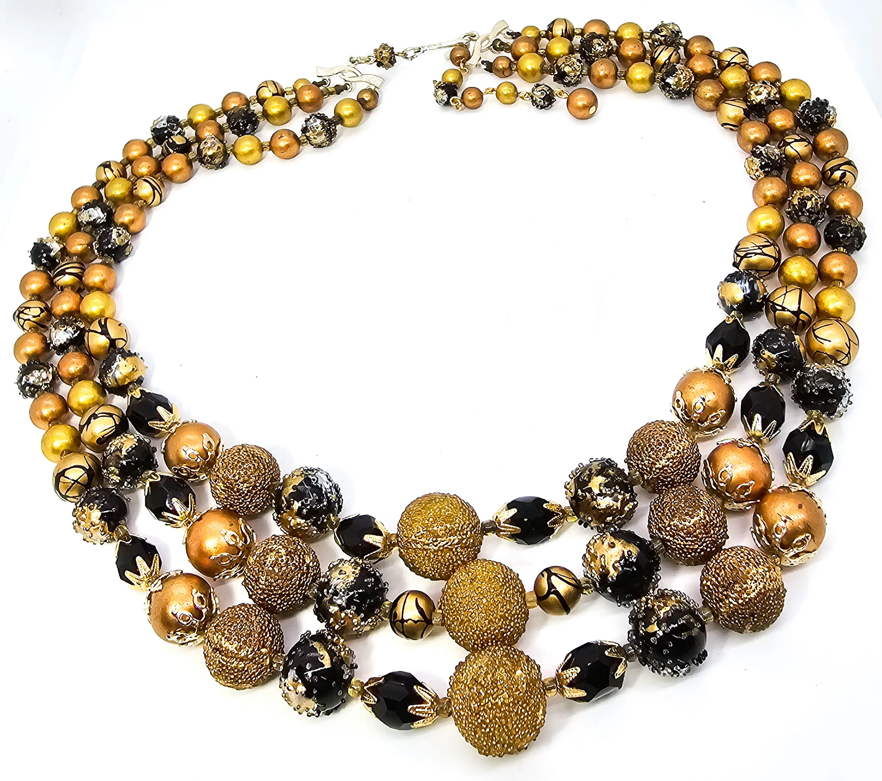 Black and Gold three strand graduated vintage mid century beaded Japan necklace