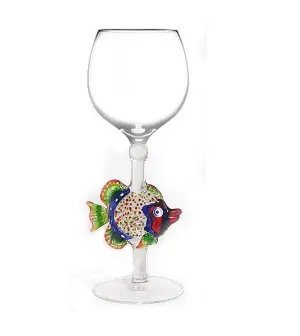 Blue Tropical Fish Hand Blown Wine Glass