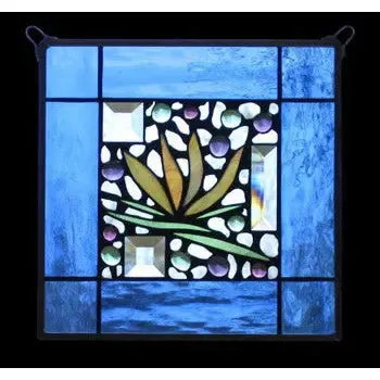 Blue Waterglass Border Floral Stained Glass Window Panel by Edel Byrne