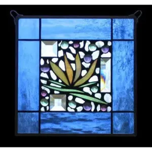 Blue Waterglass Border Floral Stained Glass Window Panel by Edel Byrne