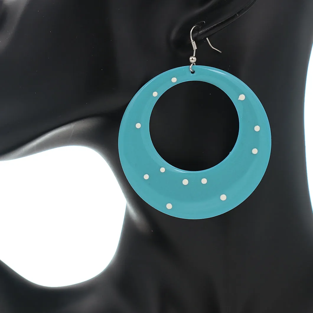Blue White Round Polka Dot Dangle Earrings