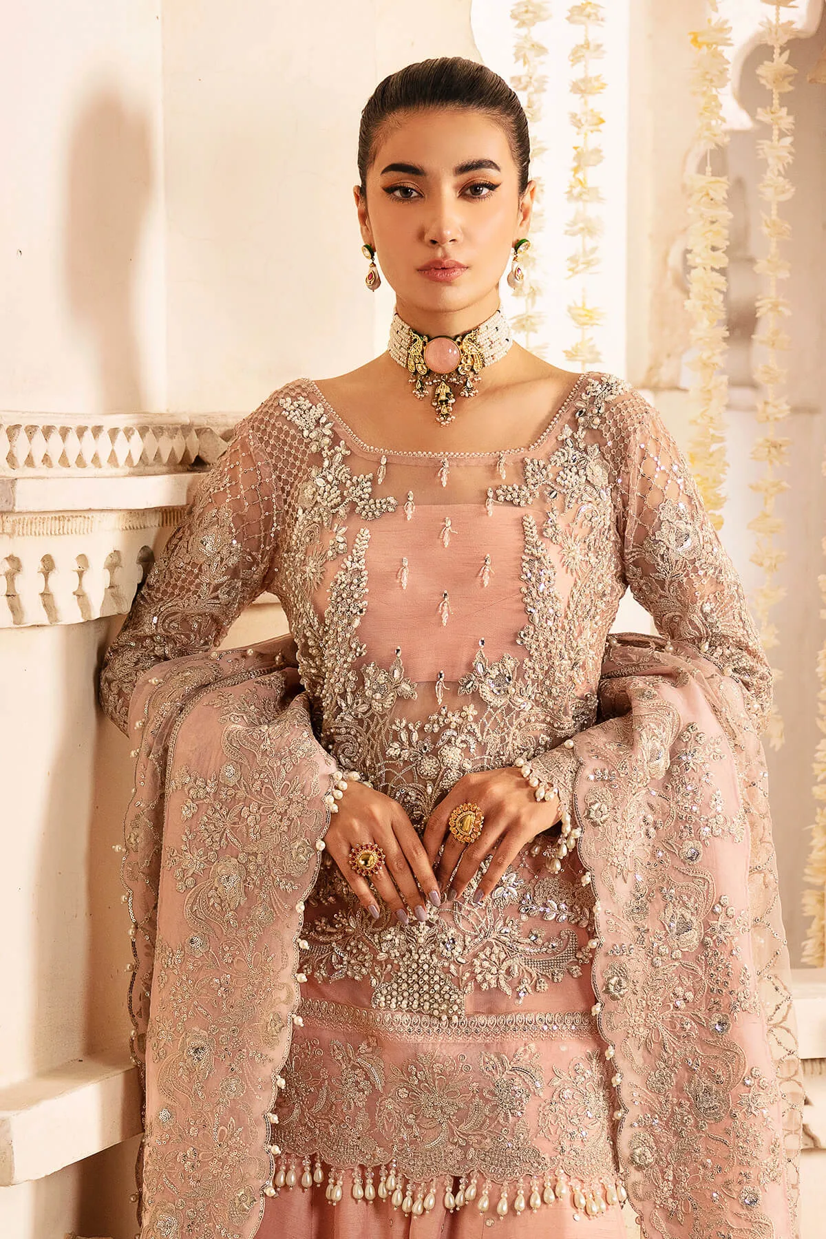 Blush Pink Embroidered Pakistani Party Dress in Kameez Sharara Style