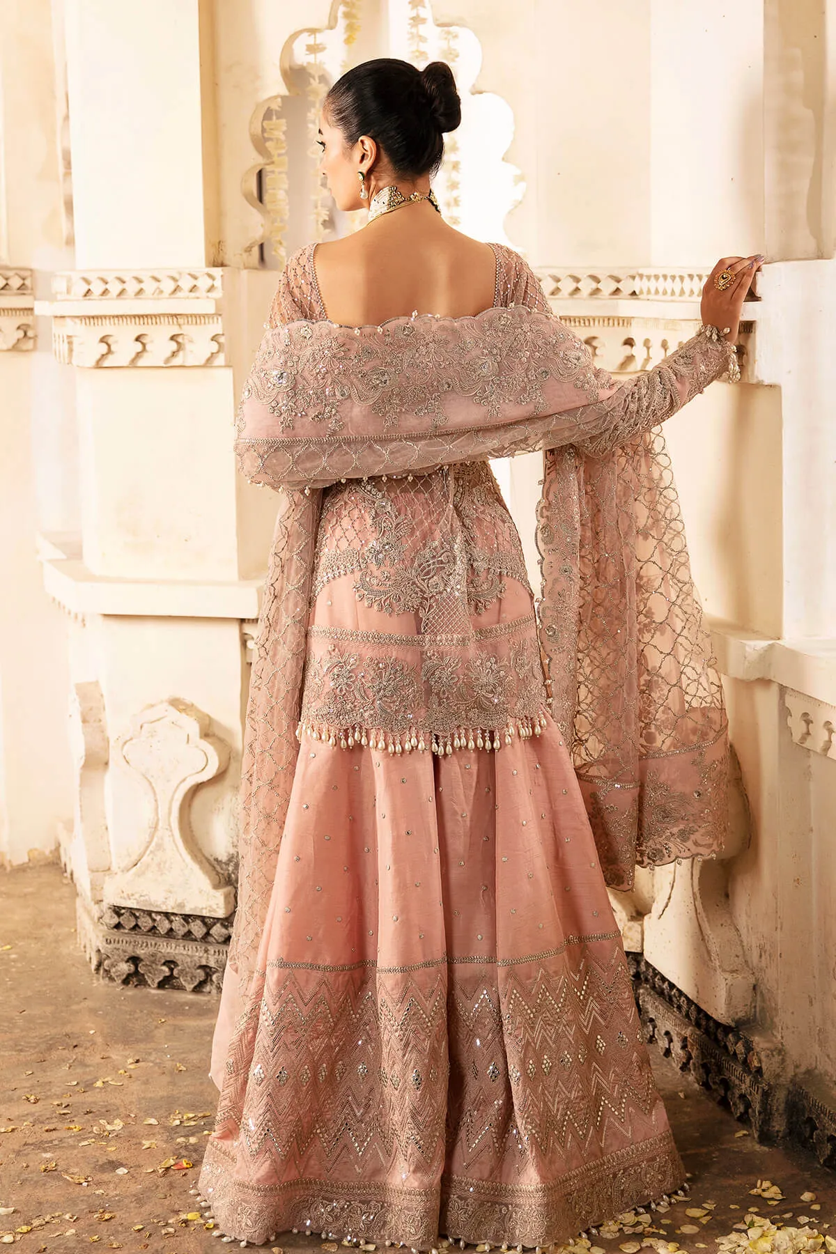 Blush Pink Embroidered Pakistani Party Dress in Kameez Sharara Style