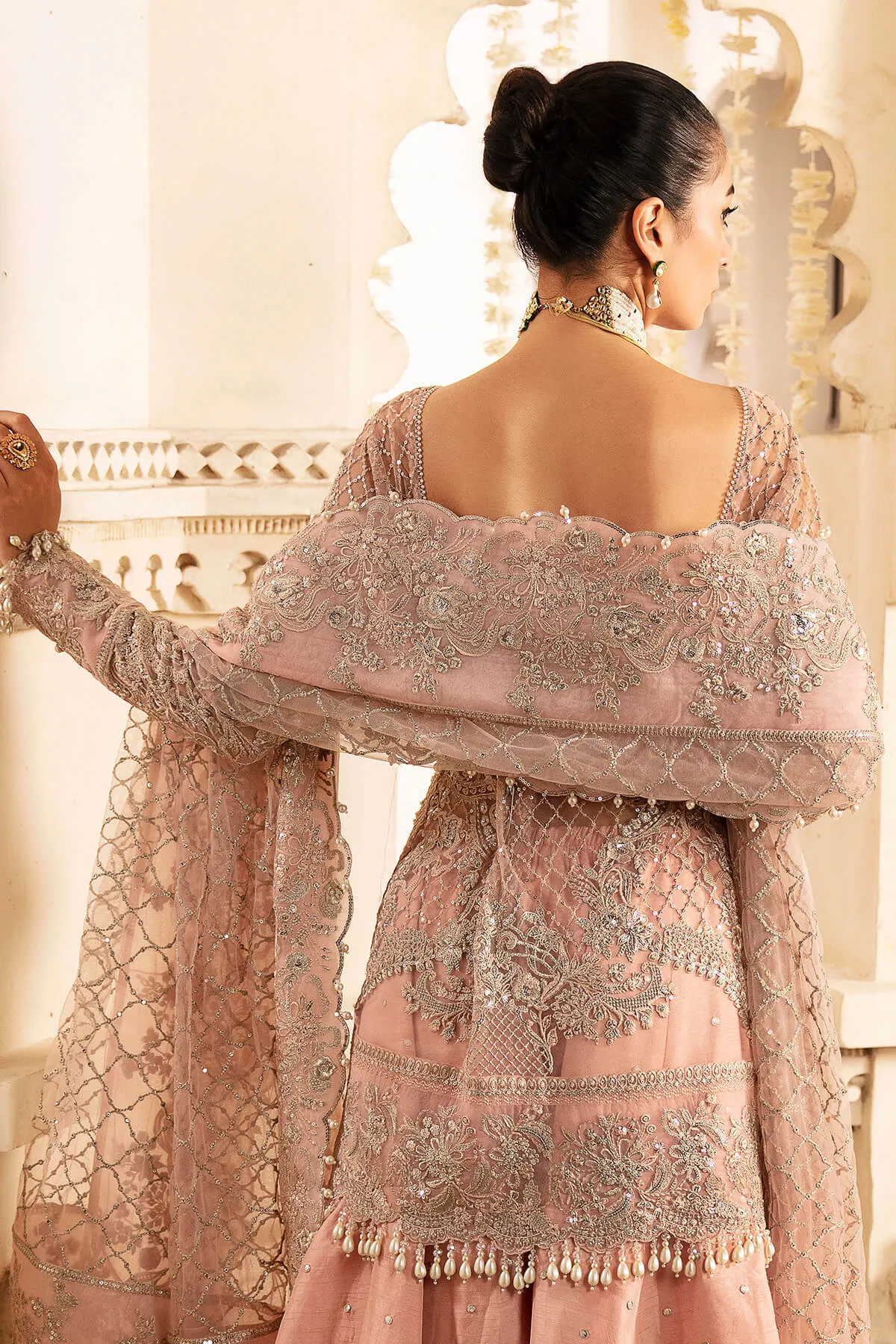 Blush Pink Embroidered Pakistani Party Dress in Kameez Sharara Style