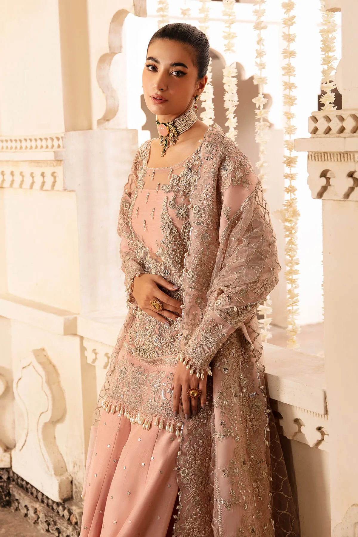 Blush Pink Embroidered Pakistani Party Dress in Kameez Sharara Style