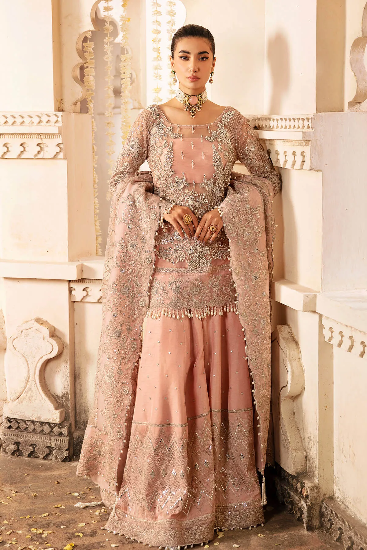 Blush Pink Embroidered Pakistani Party Dress in Kameez Sharara Style