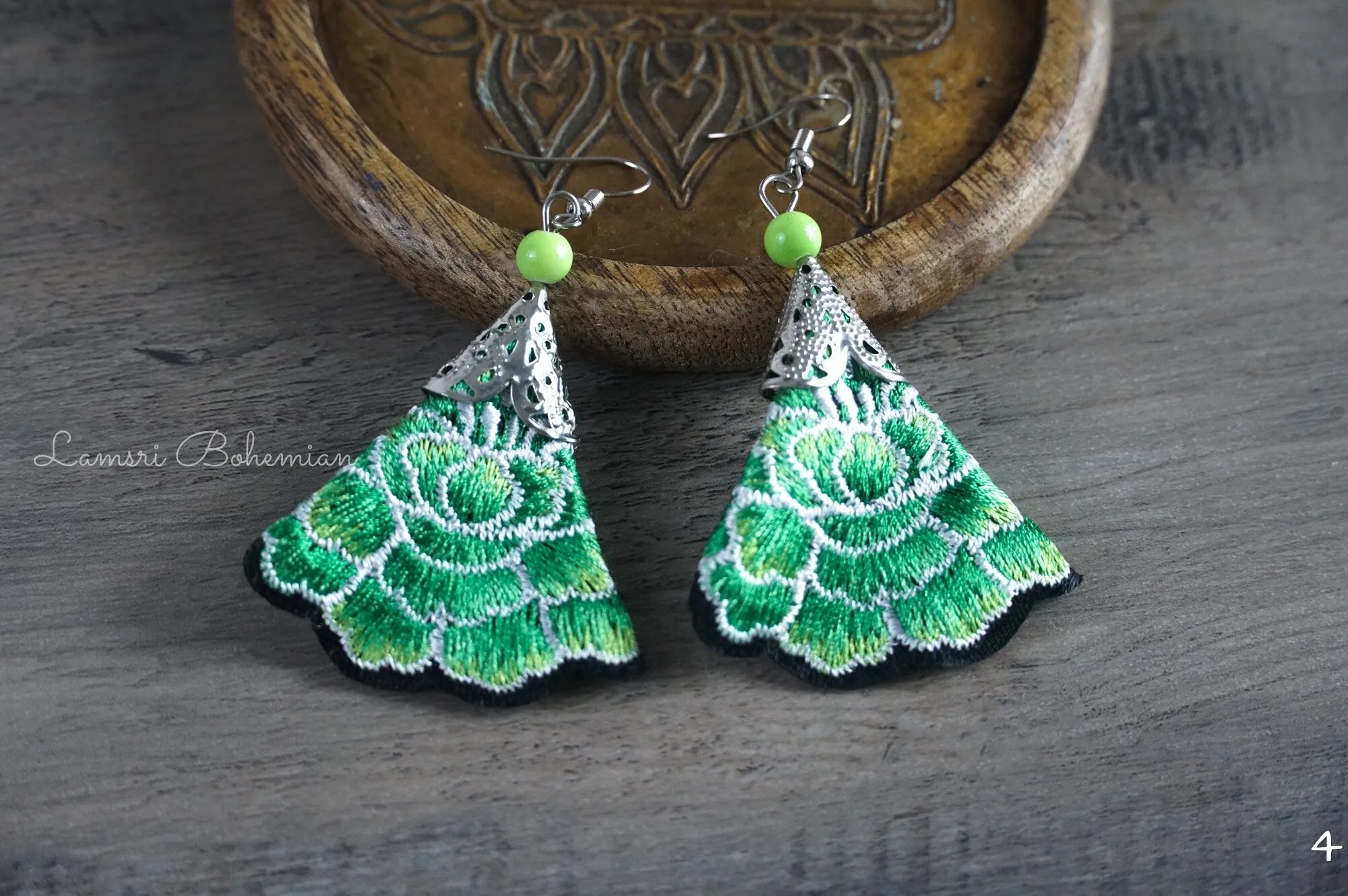 Boho Emerald Bloom Embroidered Earrings