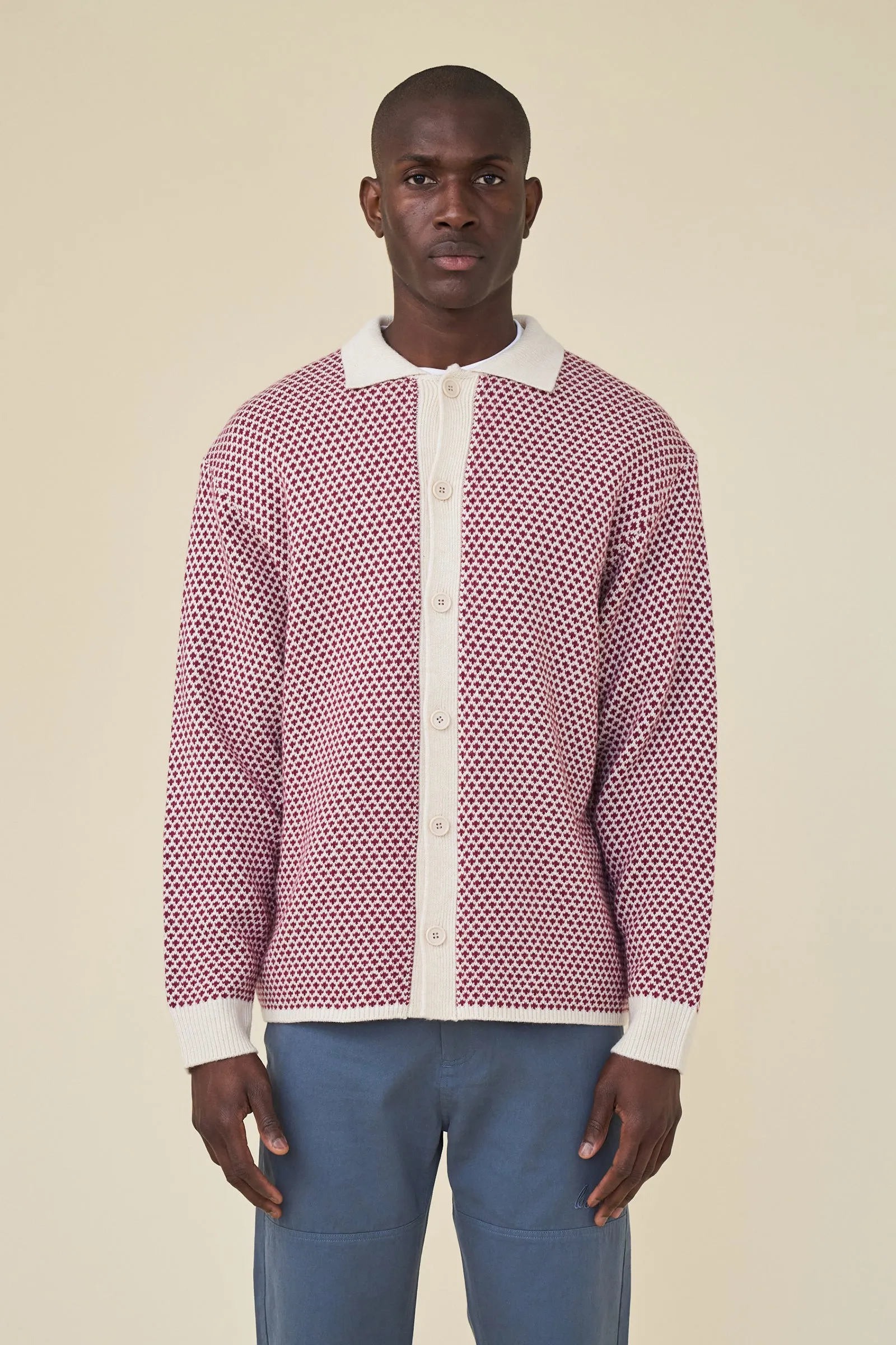 bound Polka Retro Button Knit - Cherry
