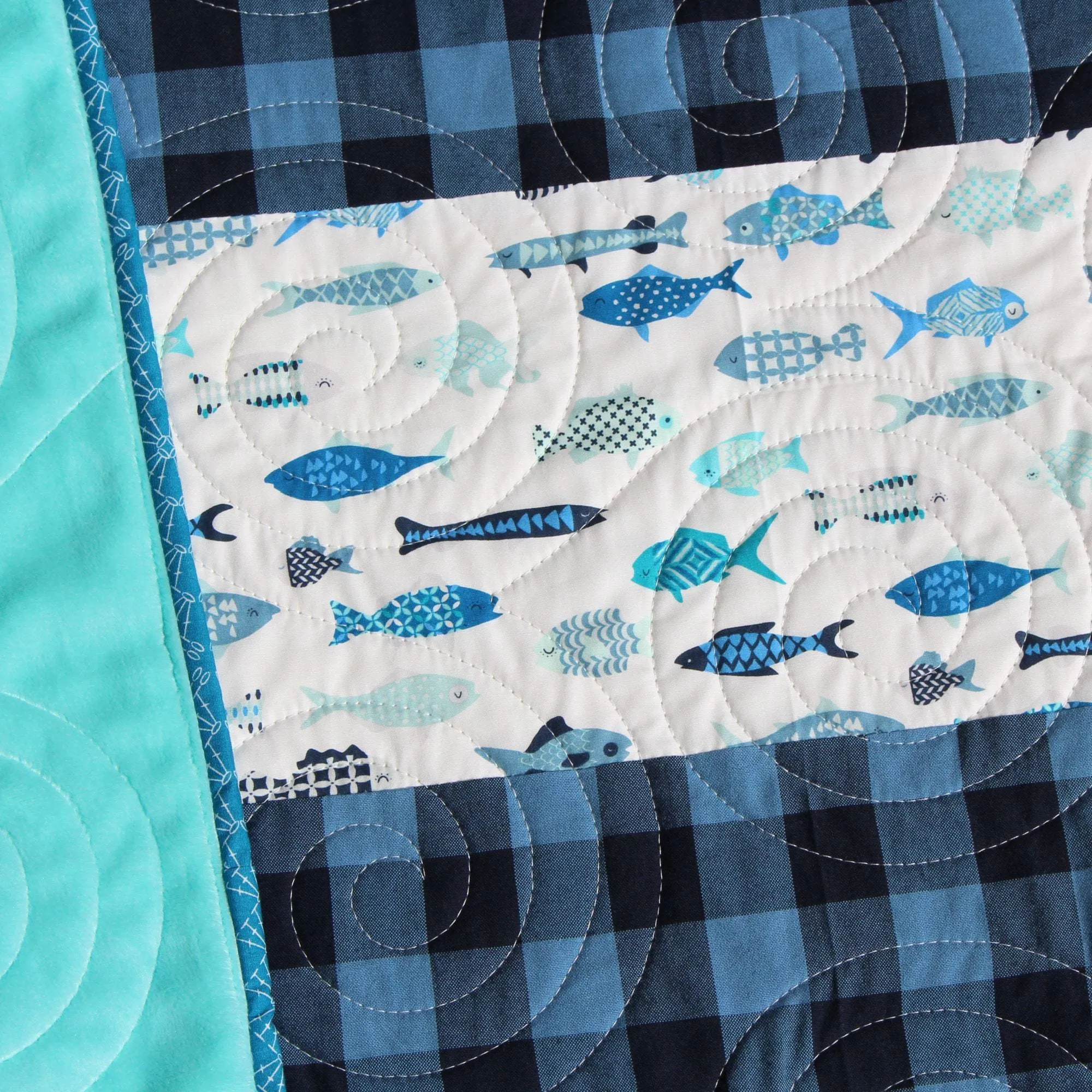 Boy Quilts Handmade, Striped Fish Baby Blanket, Nursery Bedding, Navy Blue Plaid