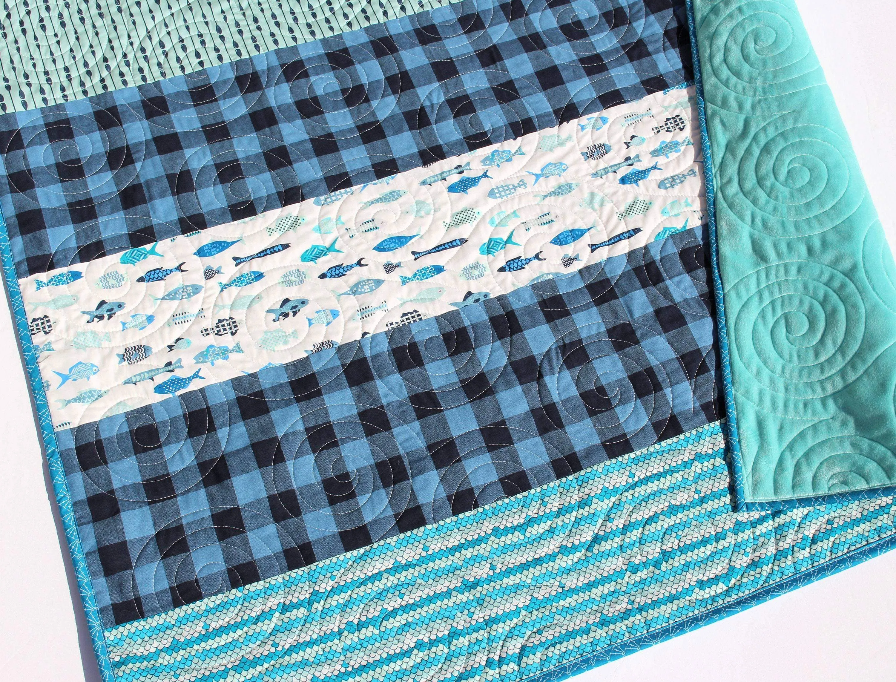 Boy Quilts Handmade, Striped Fish Baby Blanket, Nursery Bedding, Navy Blue Plaid