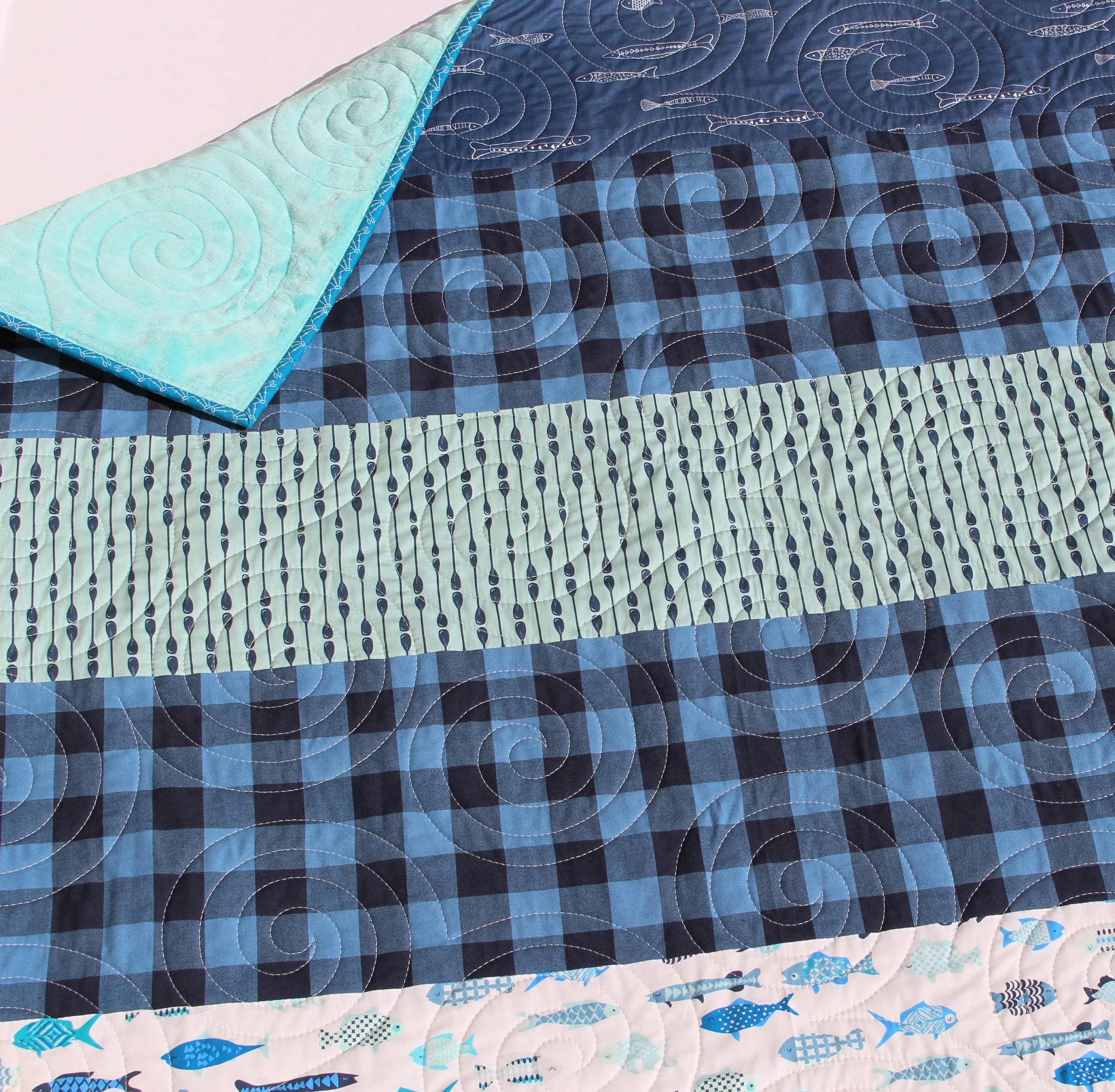 Boy Quilts Handmade, Striped Fish Baby Blanket, Nursery Bedding, Navy Blue Plaid