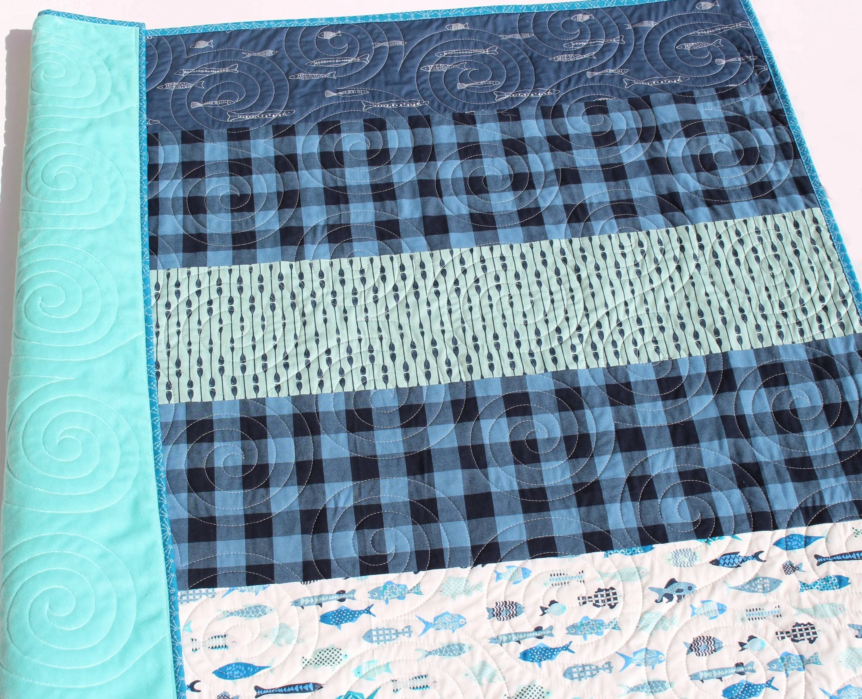 Boy Quilts Handmade, Striped Fish Baby Blanket, Nursery Bedding, Navy Blue Plaid