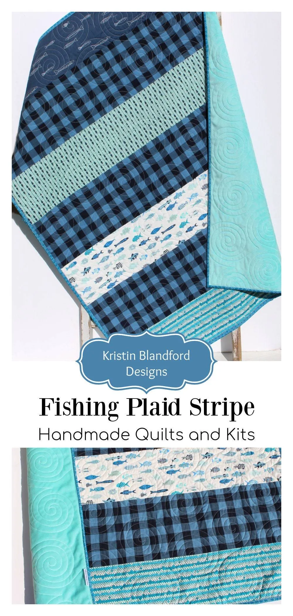 Boy Quilts Handmade, Striped Fish Baby Blanket, Nursery Bedding, Navy Blue Plaid