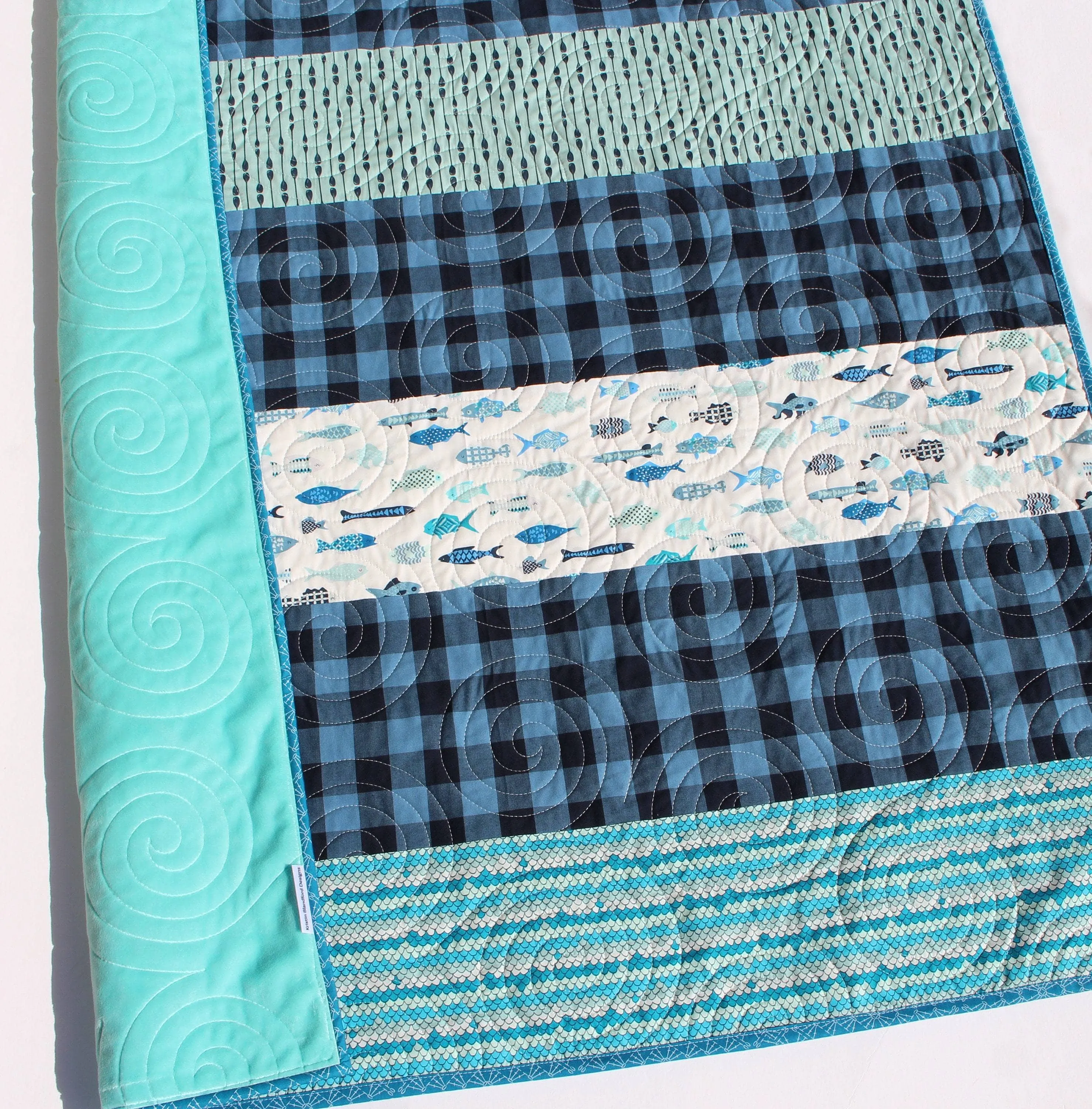 Boy Quilts Handmade, Striped Fish Baby Blanket, Nursery Bedding, Navy Blue Plaid