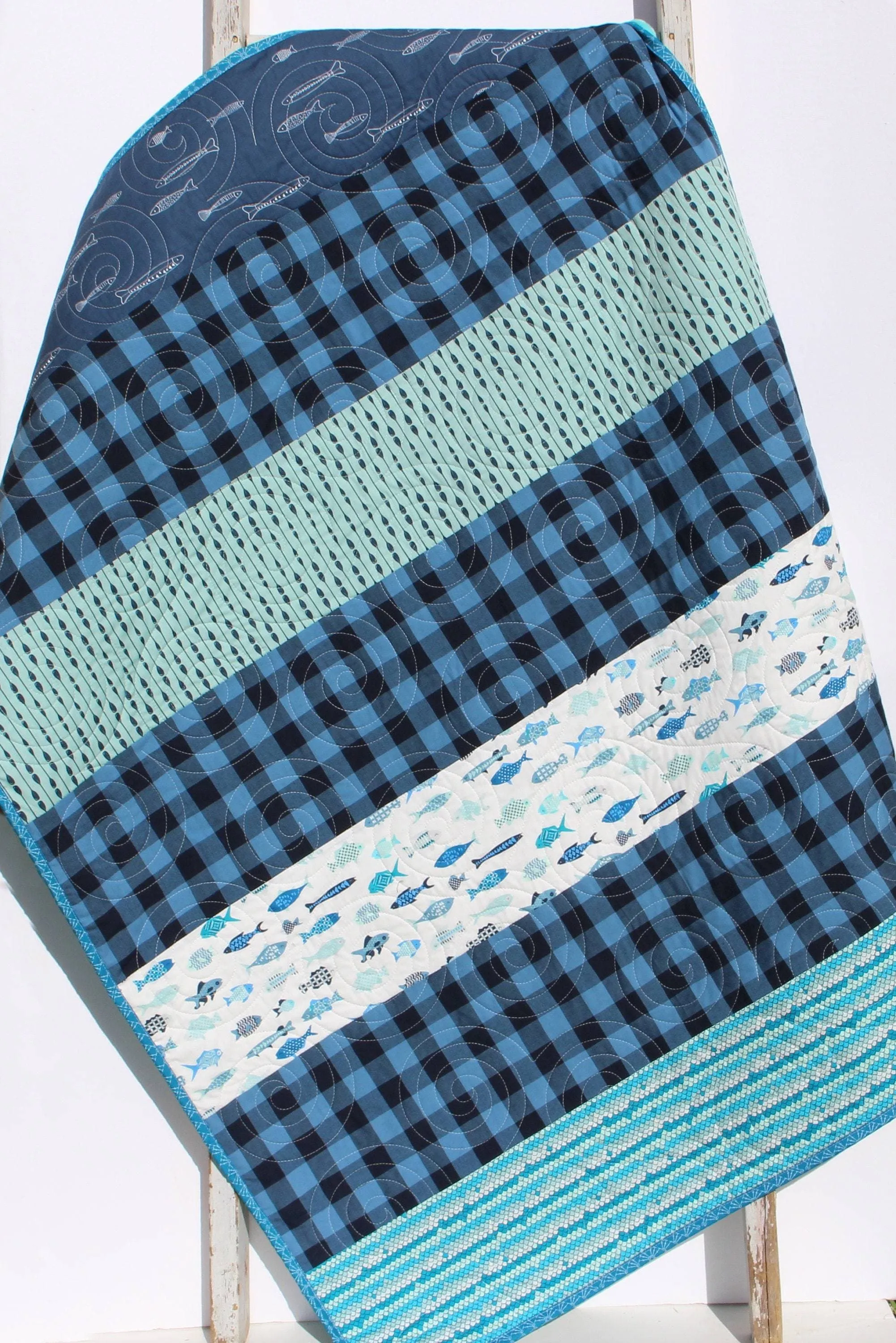 Boy Quilts Handmade, Striped Fish Baby Blanket, Nursery Bedding, Navy Blue Plaid