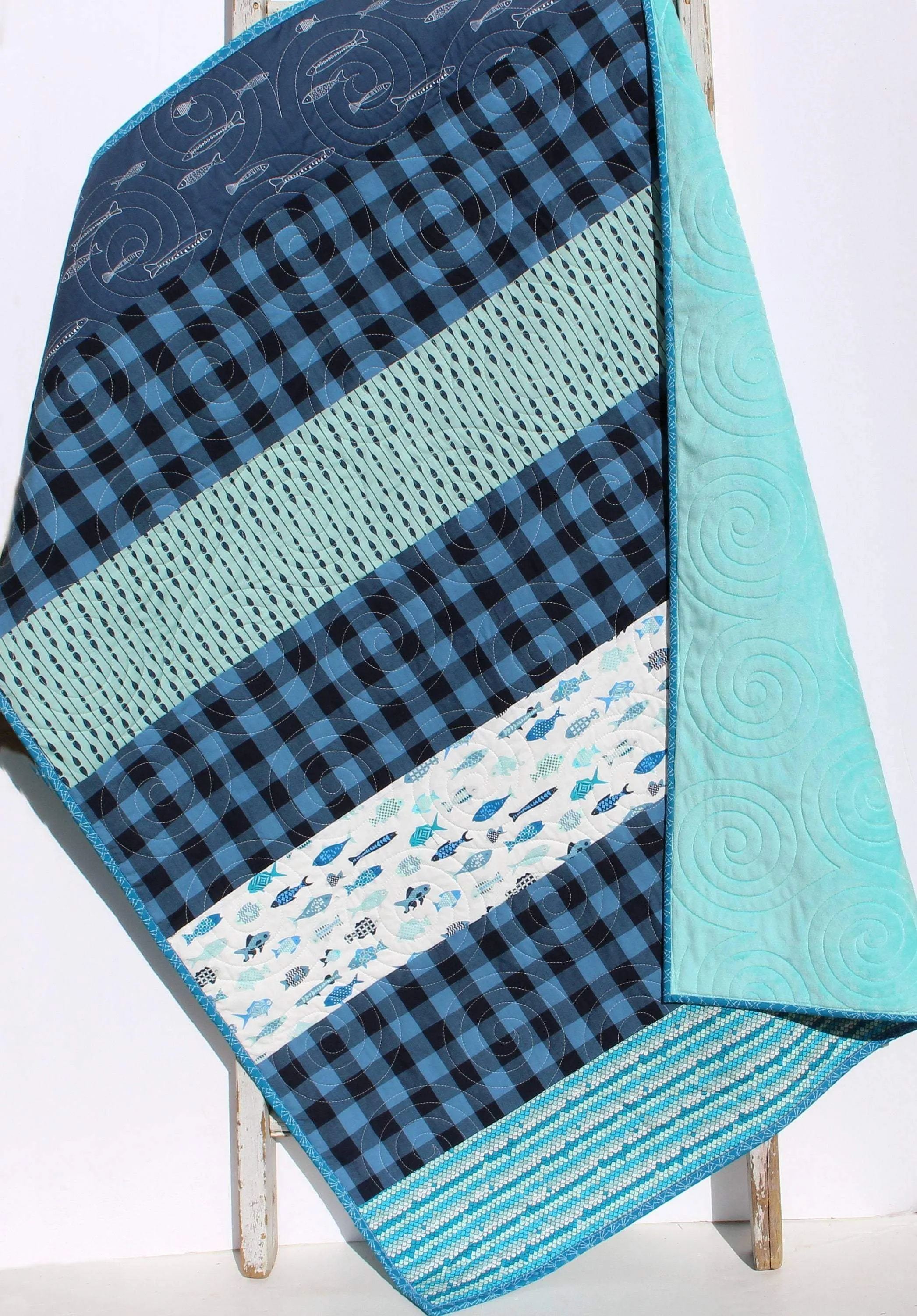 Boy Quilts Handmade, Striped Fish Baby Blanket, Nursery Bedding, Navy Blue Plaid
