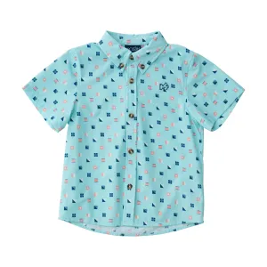 Boys' Short Sleeve Fishing Shirt in Nautical Flag Print on Waterspout Green