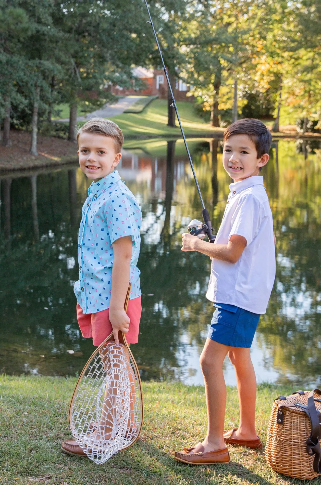 Boys' Short Sleeve Fishing Shirt in Nautical Flag Print on Waterspout Green