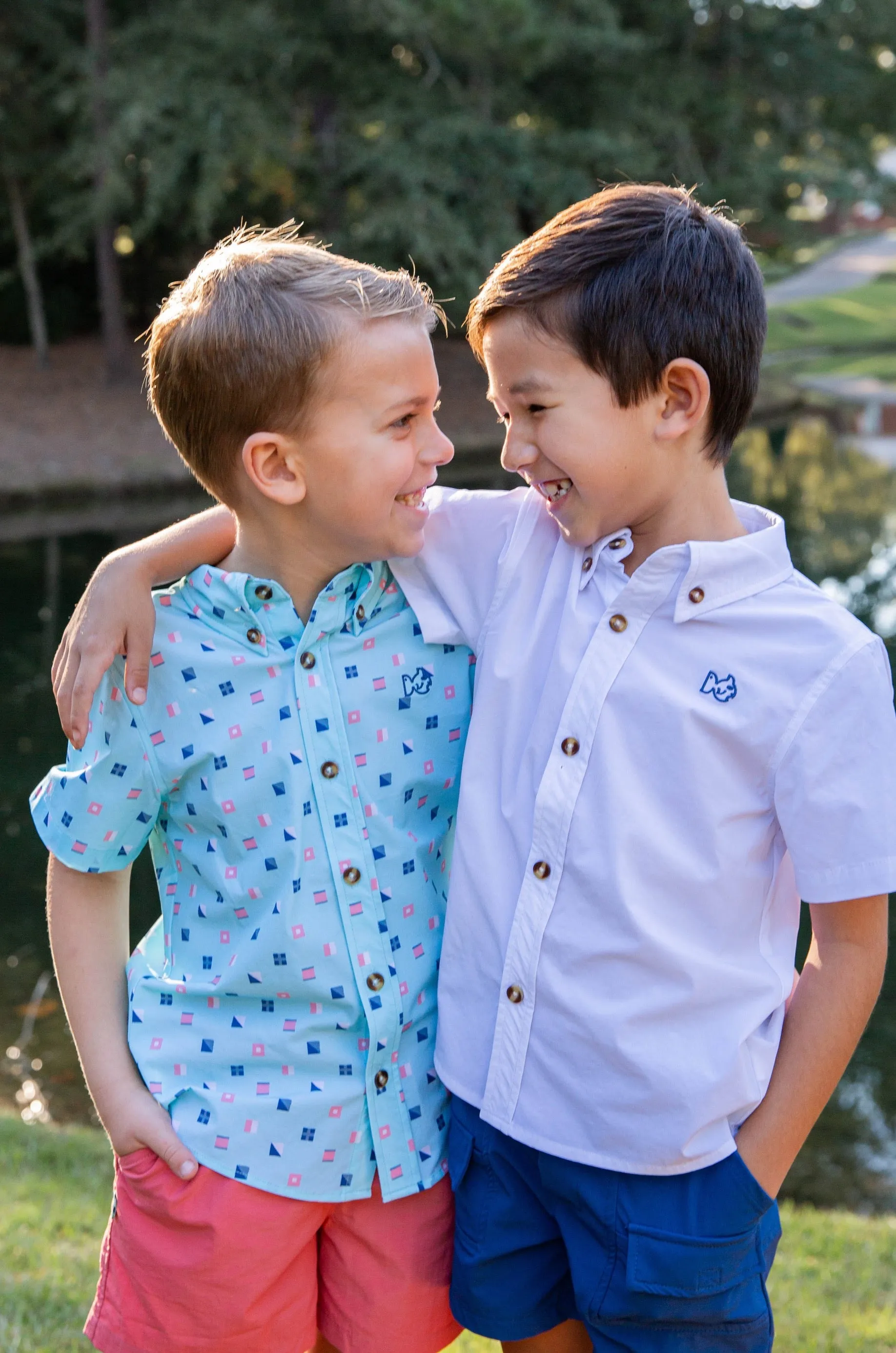 Boys' Short Sleeve Fishing Shirt in Nautical Flag Print on Waterspout Green