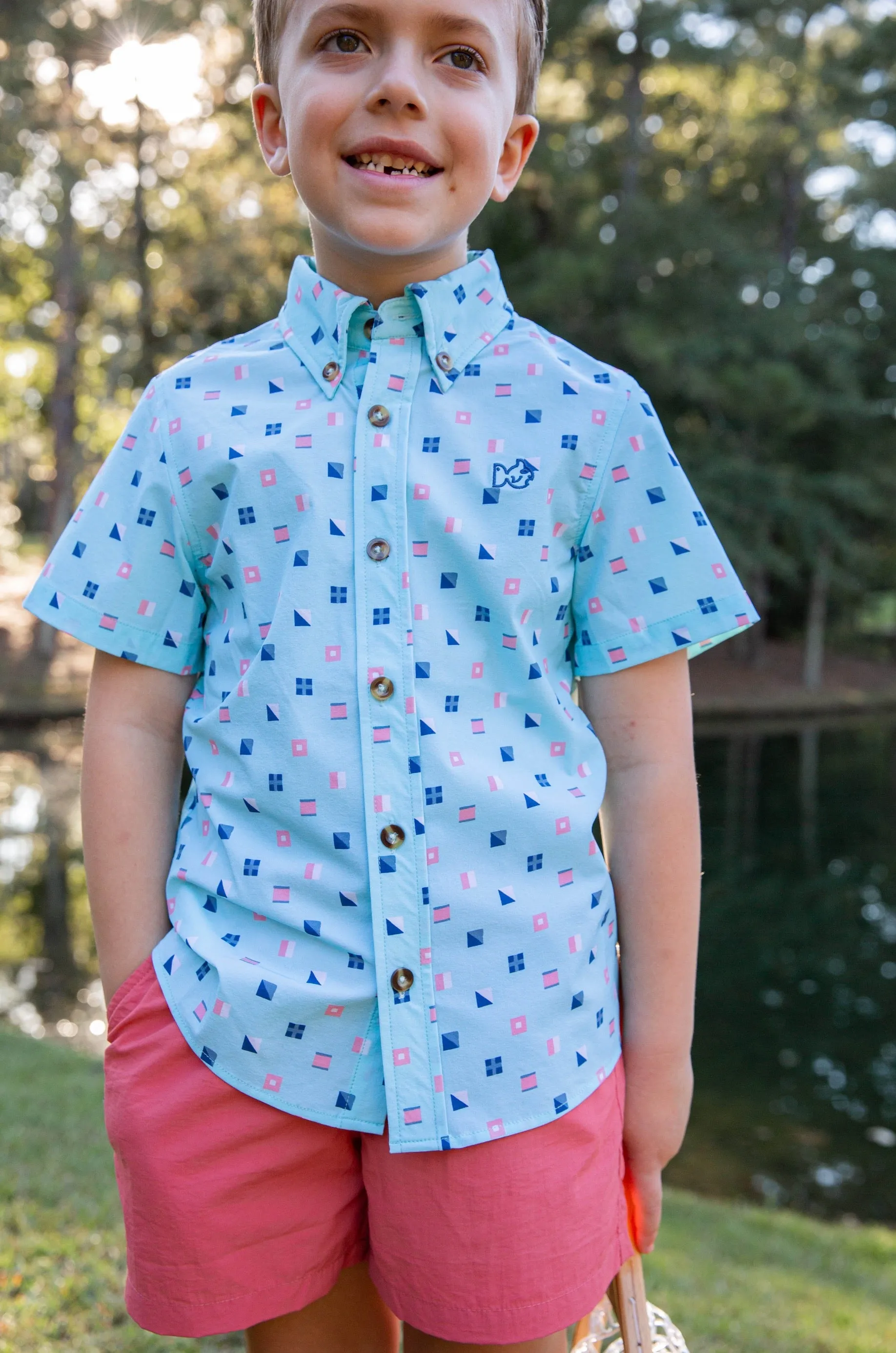 Boys' Short Sleeve Fishing Shirt in Nautical Flag Print on Waterspout Green