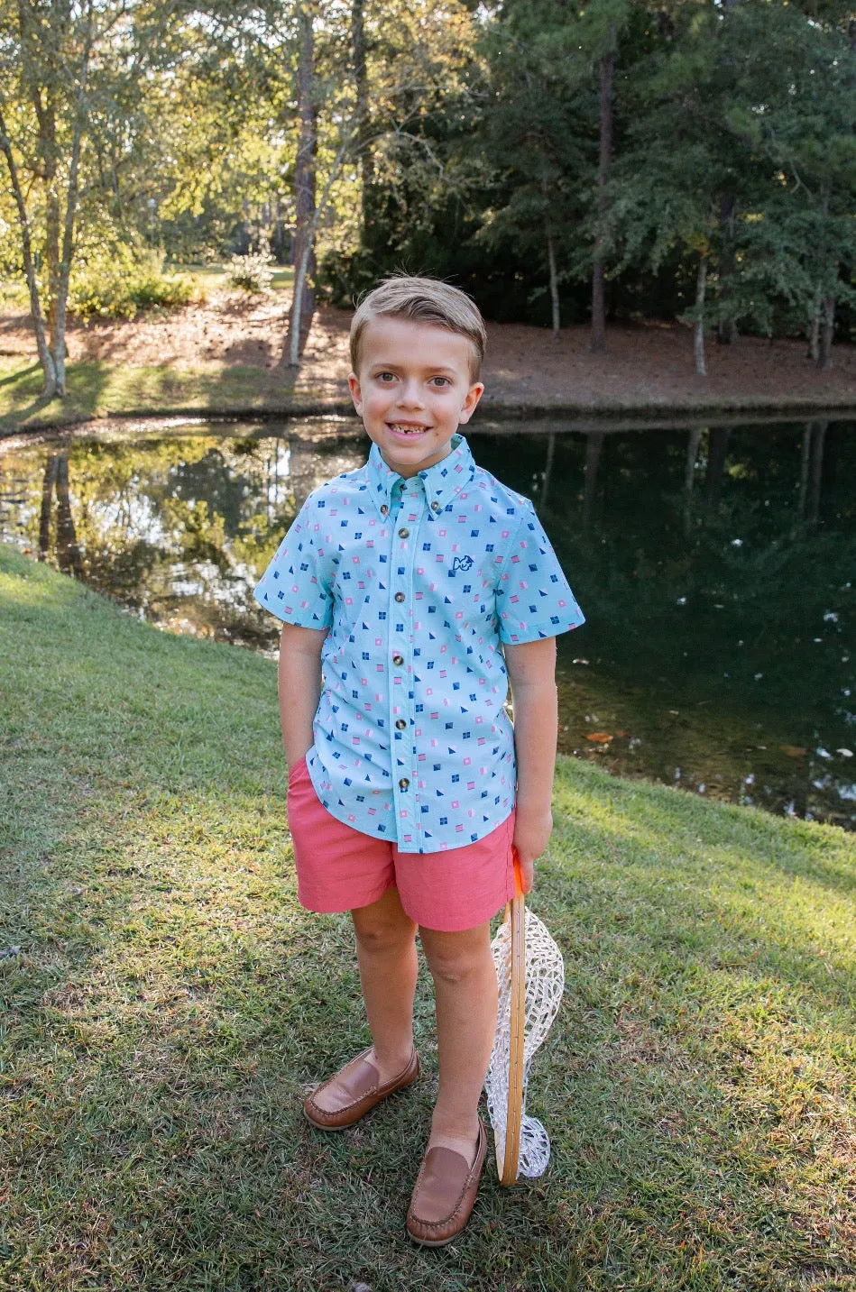 Boys' Short Sleeve Fishing Shirt in Nautical Flag Print on Waterspout Green