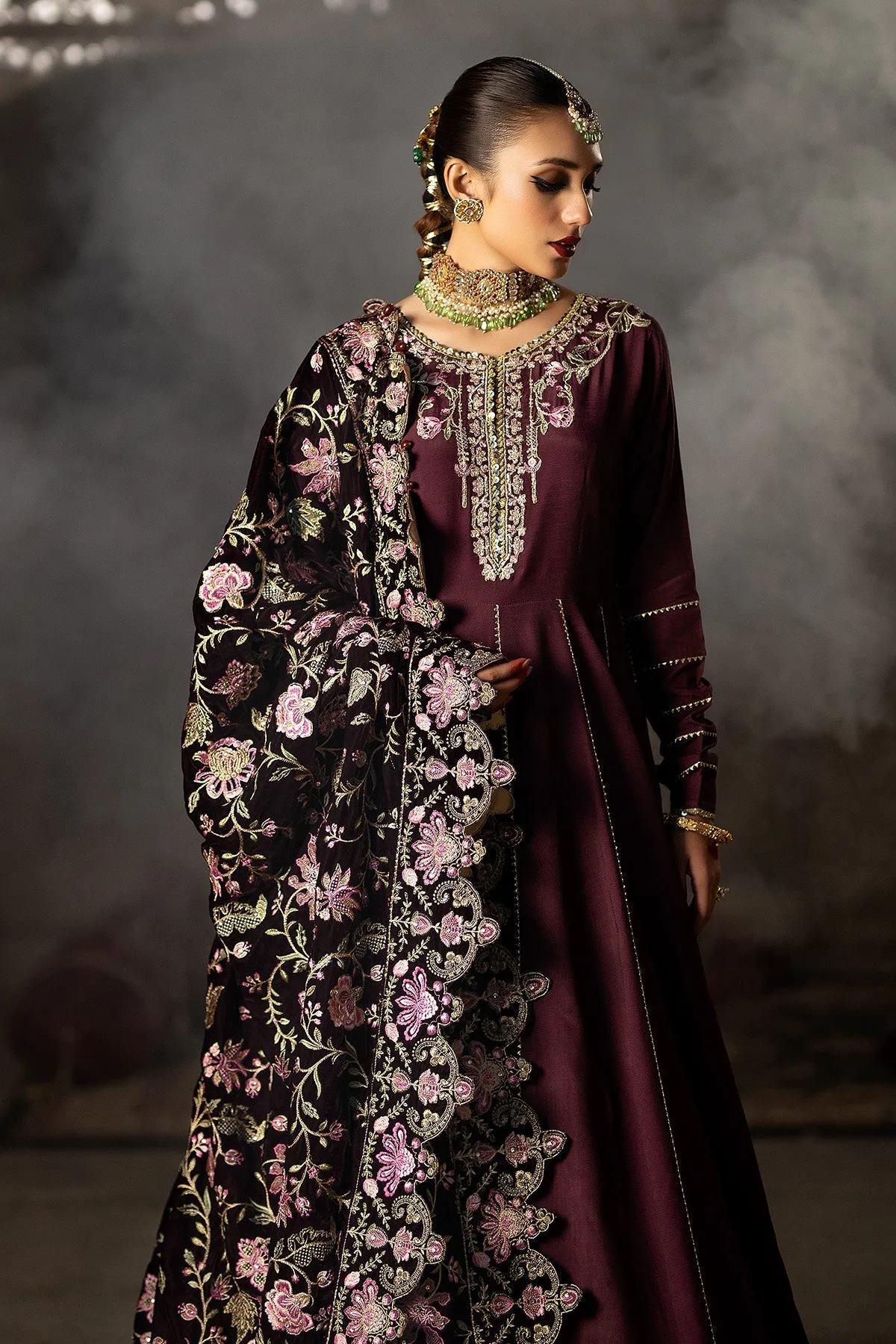 Burgundy Shade Embroidered Pakistani Wedding Dress Pishwas Frock