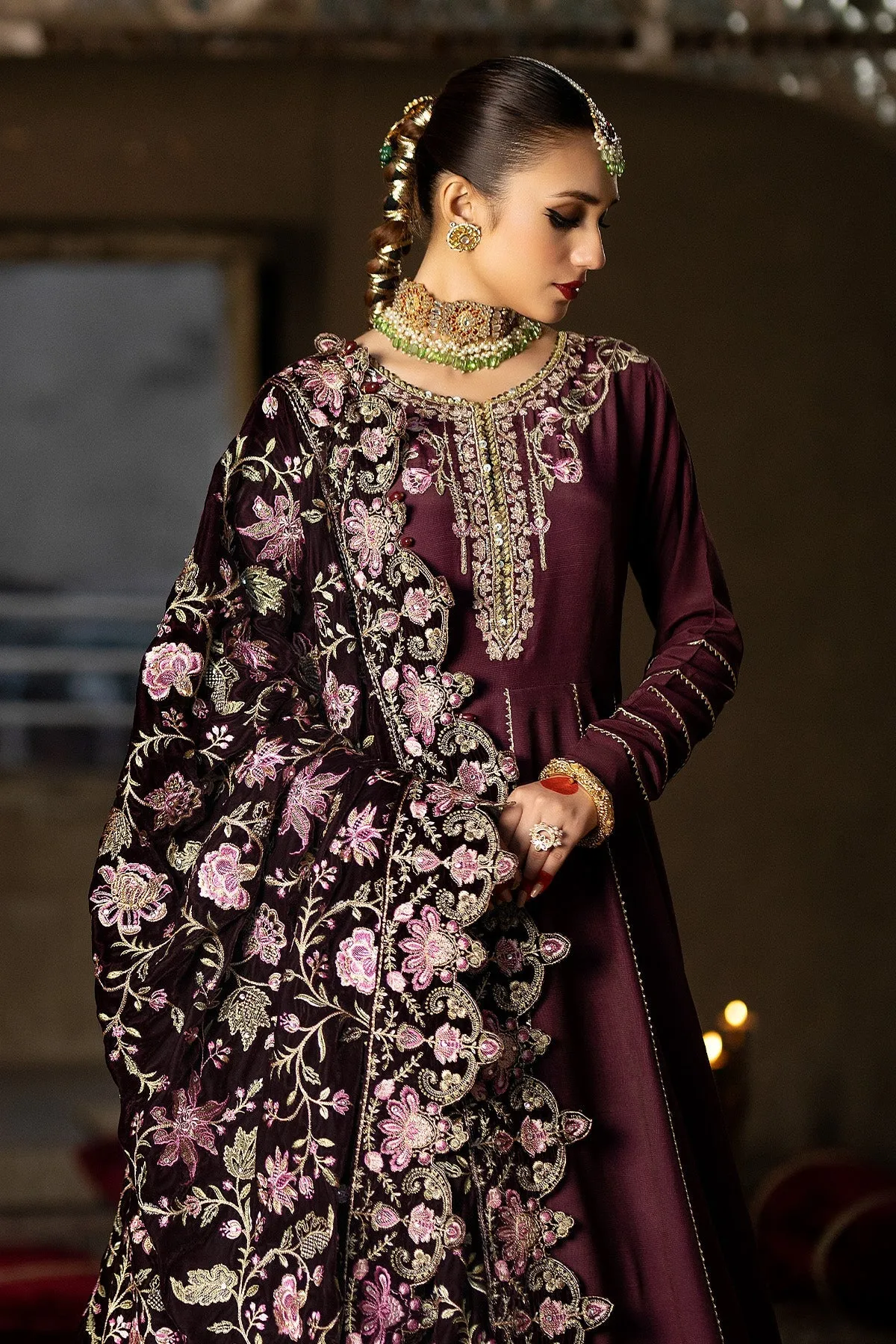 Burgundy Shade Embroidered Pakistani Wedding Dress Pishwas Frock