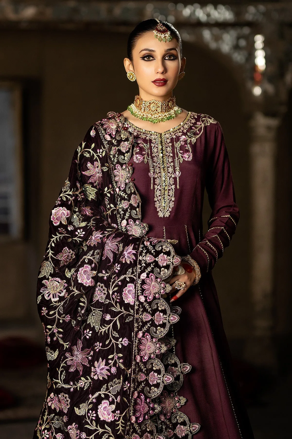 Burgundy Shade Embroidered Pakistani Wedding Dress Pishwas Frock