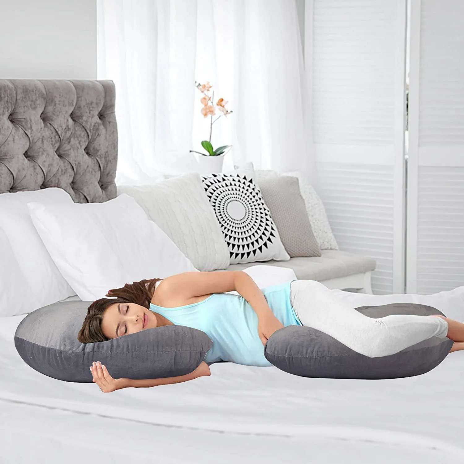 C-Shape Full Body Pillow 53 Inch Maternity Pillow with Washable Velvet Cover Nursing Support Cushion, Support for Back