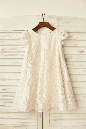 Cap Sleeve Ivory Lace Champagne Lining Flower Girl Dress