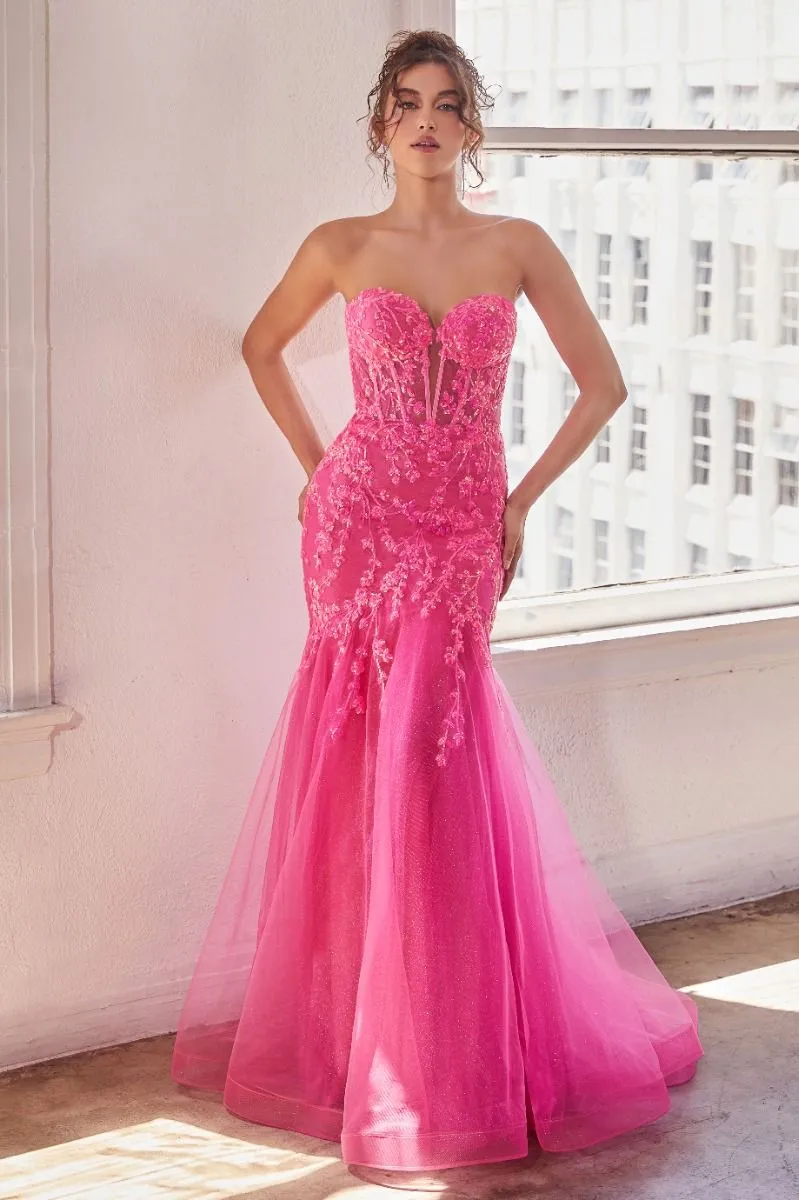 CD CB139 - Strapless Bead Embellished Fit & Flare Prom Gown with Sheer Boned Bodice & Layered Shimmering Tulle Skirt